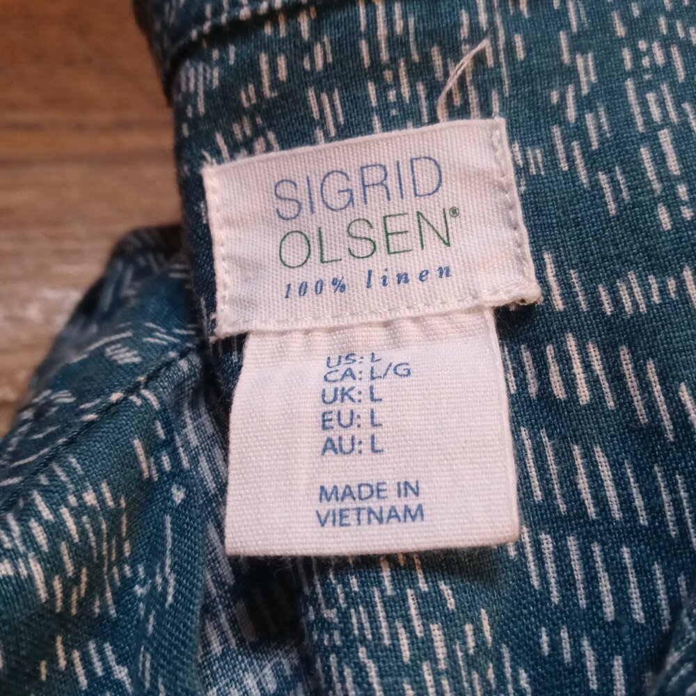 Sigrid Olsen 100% Linen Teal Printed Button Down … - image 7